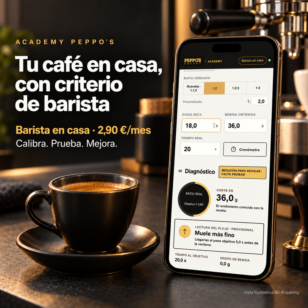 Academy PEPPO’S Barista en casa, 2,90 €/mes: ratios, gramajes, cronómetro y ajuste de molienda.
