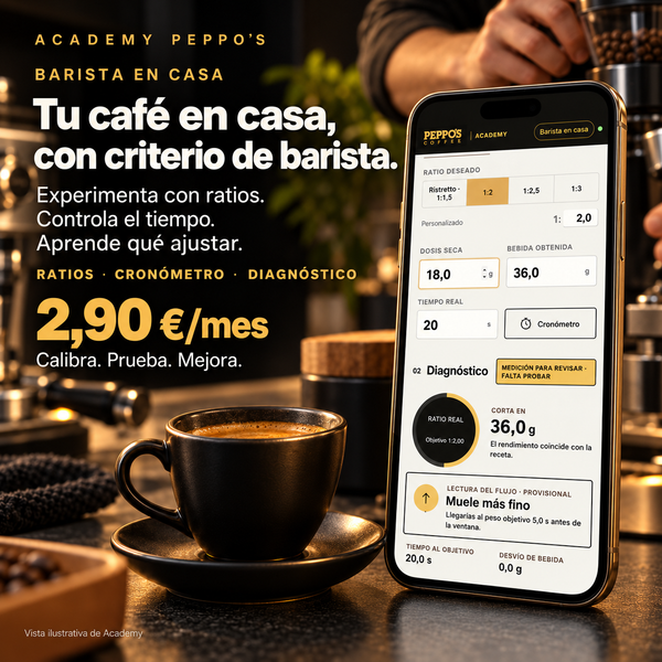 Academy PEPPO’S Barista en casa: experimenta con ratios, controla el tiempo y aprende qué ajustar con el diagnóstico. 2,90 €/mes.